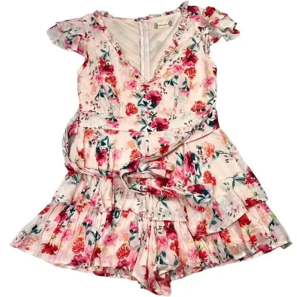 Altar’d State Romper Shorts Womens Small Pink floral Tiered Ruffled Tie V Neck - Picture 2 of 13